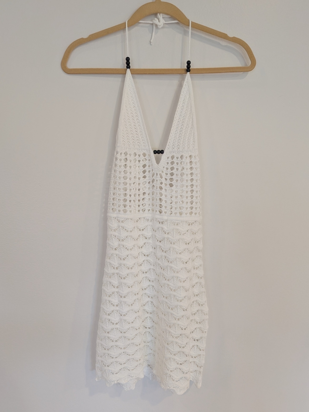 White Crochet V Neck Halter Tie Back Beaded Mini Dress Beach Pool Cover Up S/M